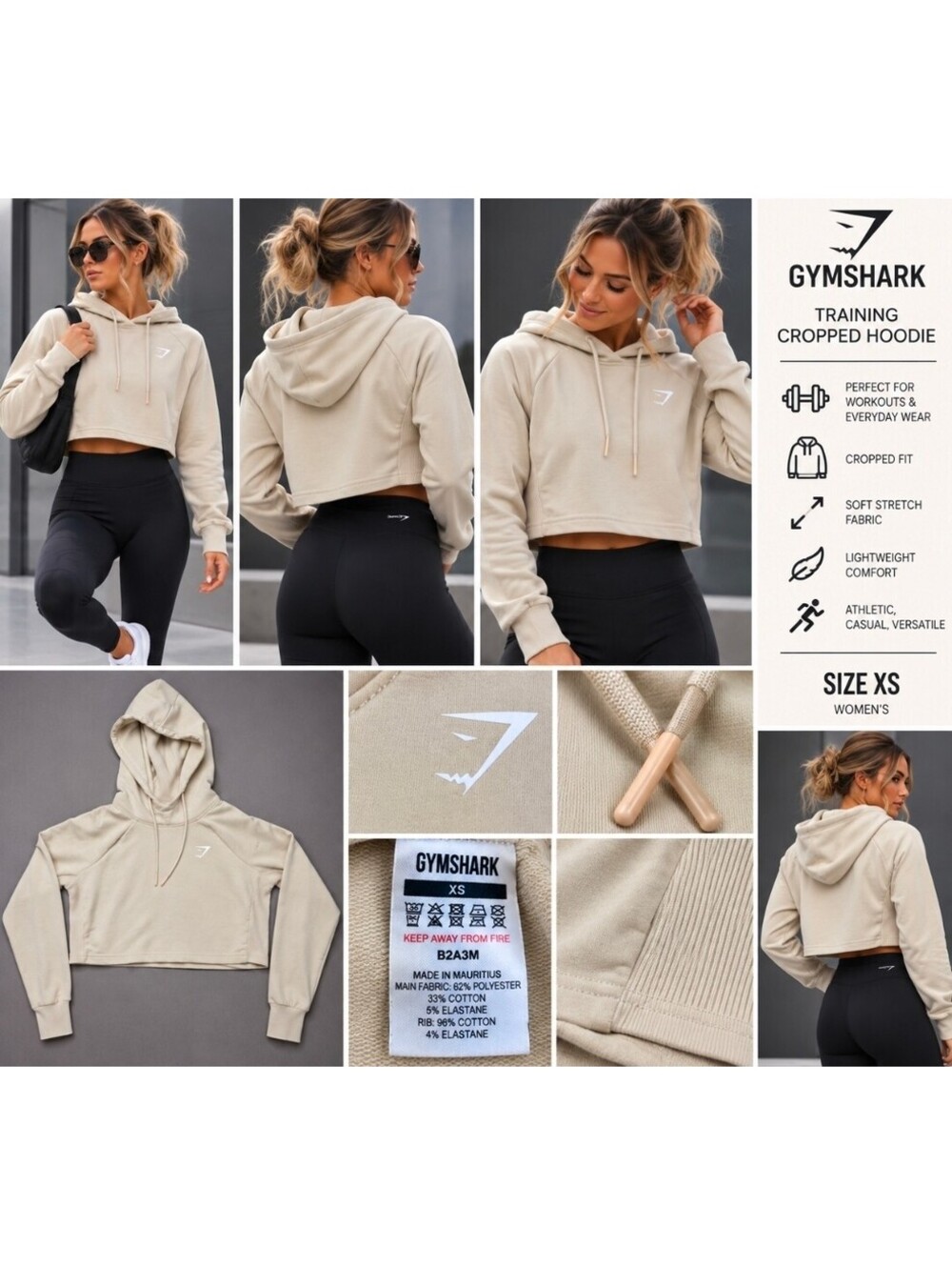 Gymshark Training Cropped Hoodie Womens XS Beige Cream B2A3M Pullover